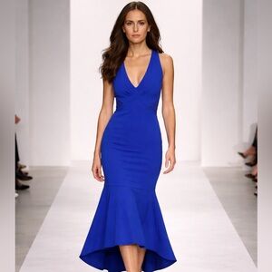 En Focus Studio Blue Scuba Stretch Trumpet Hi Low Dress Lace Insets Size 6 NWT
